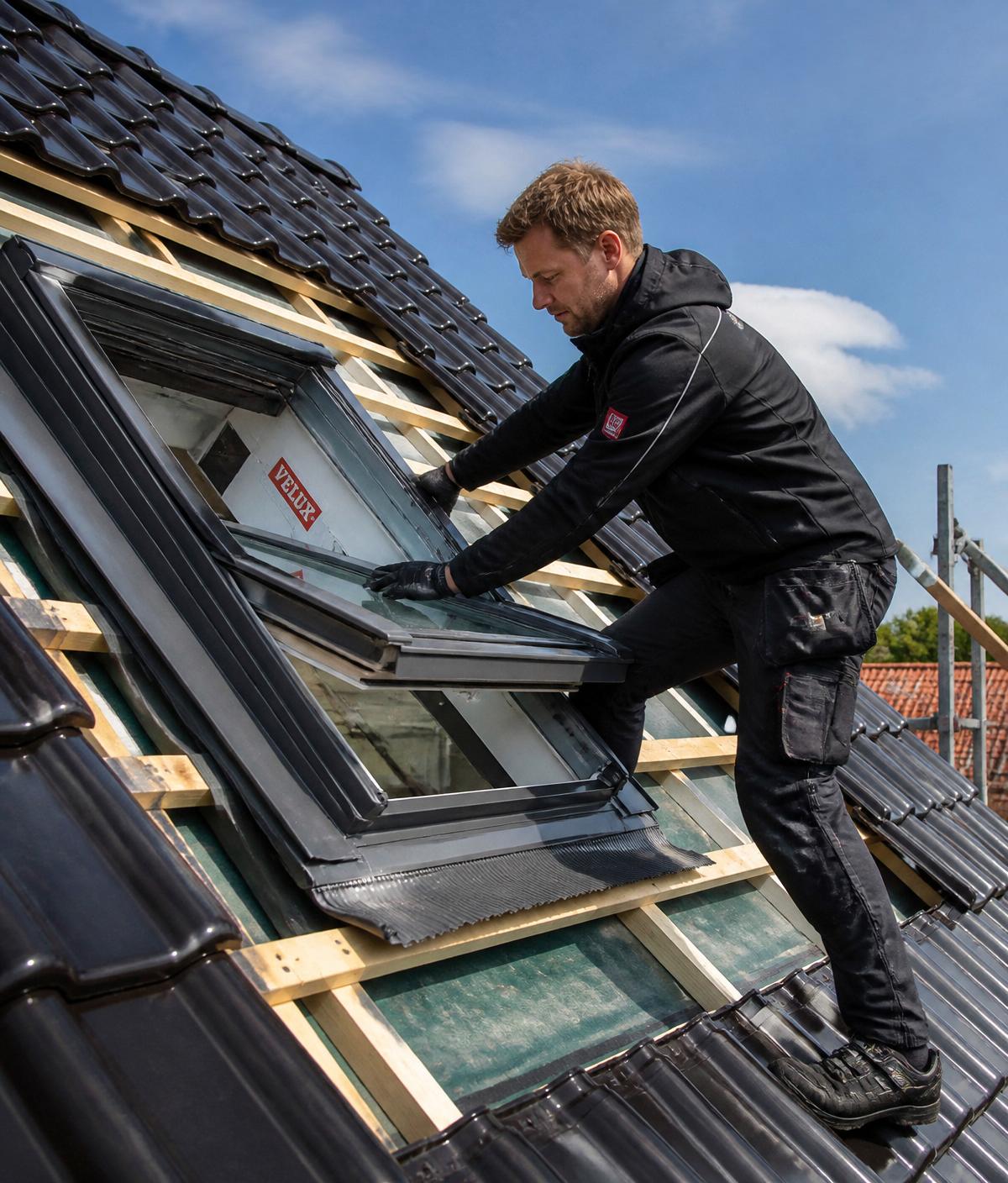 Dachdecker beim fachgerechten Einbau eines VELUX-Dachfensters